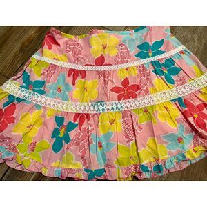 Lilly Pulitzer Vintage White Tag Skirt Parrots Floral Lace Trim Ruffle Hem M EUC